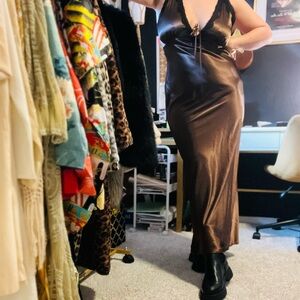 Wild Fable Silky Satin Like Brown Black Lace-Trim Slip Dress